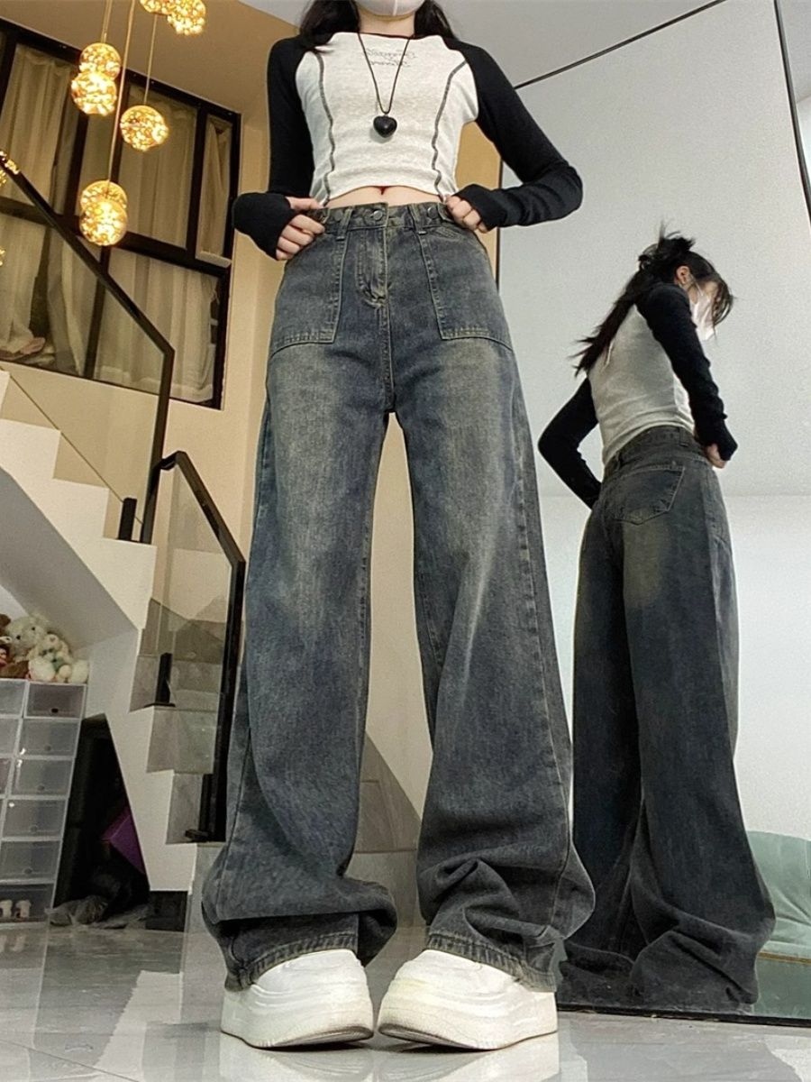 大碼胖mm美式高腰牛仔褲女秋季2023年新款復古顯瘦寬鬆闊腿直筒褲