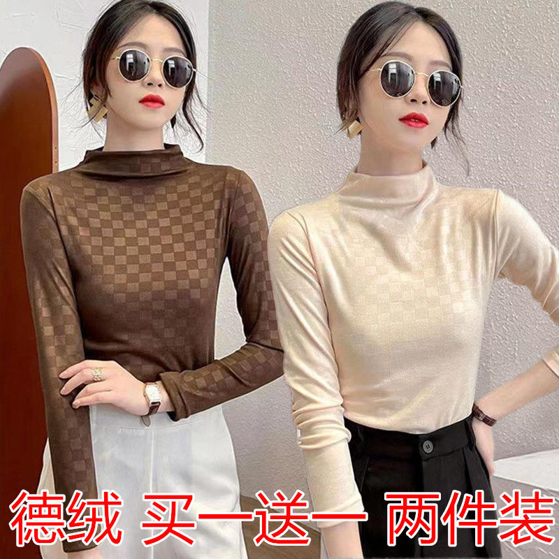 雙面德絨棋盤格打底衫女上衣秋冬新款壓花外穿半高領內搭長袖t恤