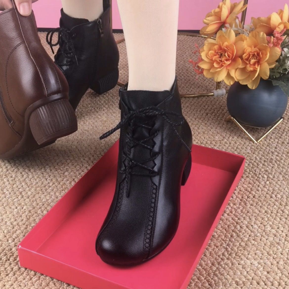 Tacco basso morbido genuino per le donne Primavera Nuova moda Versatile scarpe piccole in pelle con tacco medio, profondo_voghion.com