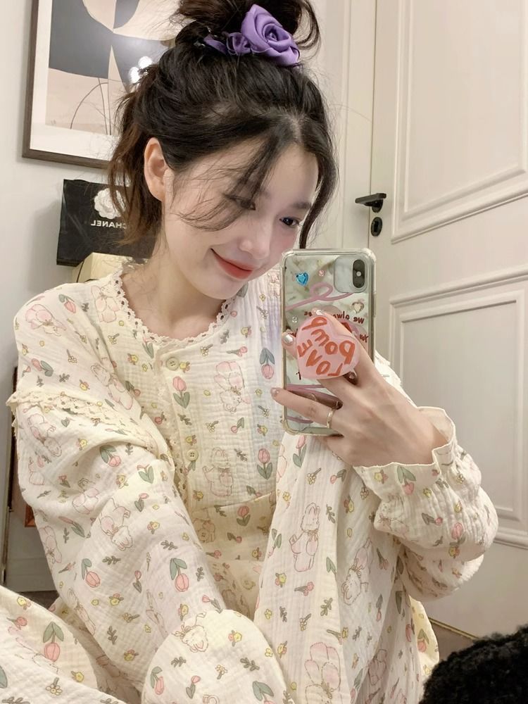 ins風甜美可愛兔子睡衣女春秋季新款長袖長褲卡通學生居家服套裝