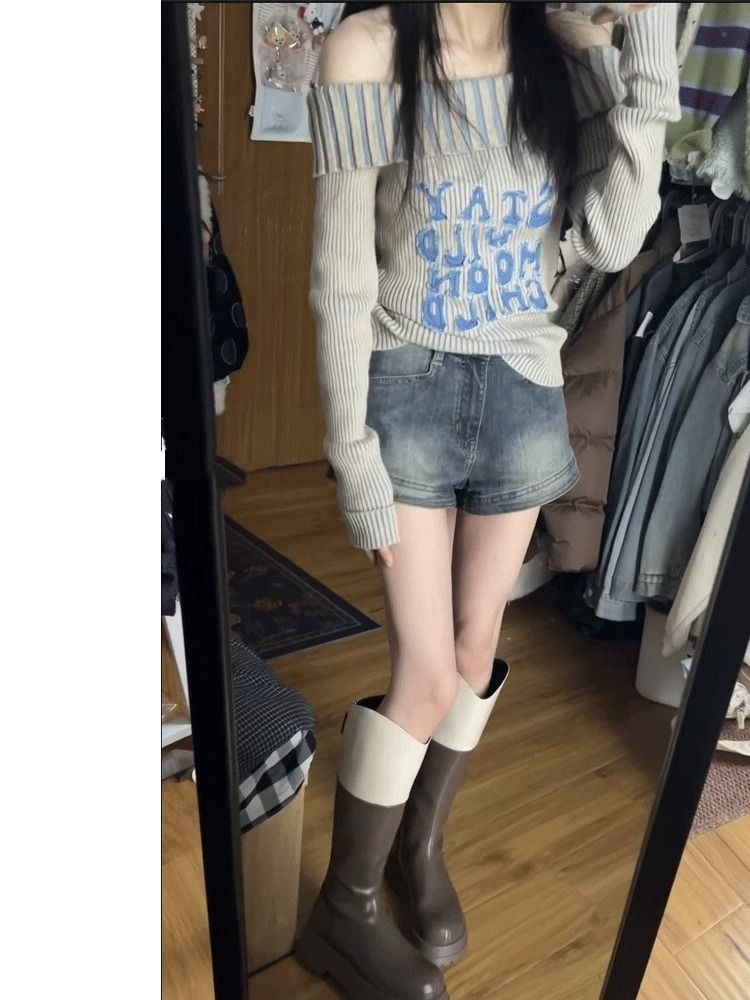 2023早秋韓版純欲辣妹女裝斜肩修身毛衣慵懶顯瘦一字肩針織上衣潮