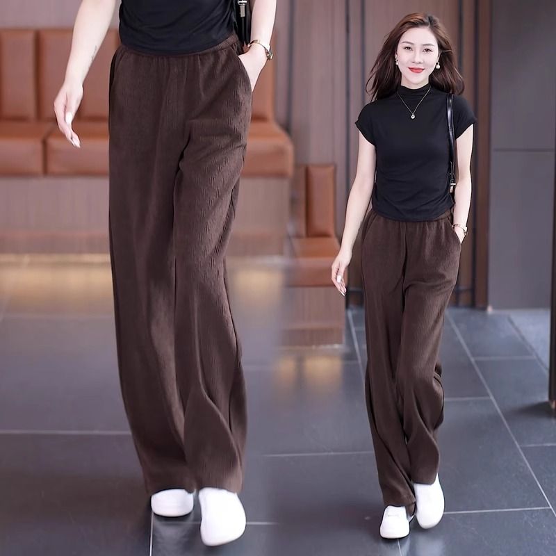 卡其色闊腿褲女士春秋款高腰垂感女褲子秋季鬆緊腰休閒寬鬆直筒褲