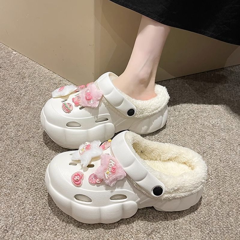 可愛少女心洞洞鞋女外穿2023秋冬新款加絨厚底踩屎感包頭毛毛棉拖