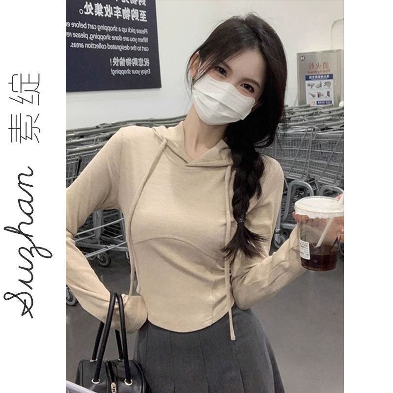 韓版新款鹽系內搭外穿短款修身顯瘦上衣t恤女秋冬純色連帽長袖ins