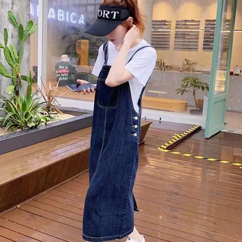 韓版可愛牛仔背帶裙春秋2023新款寬鬆中長款裙子學生連衣裙女ins