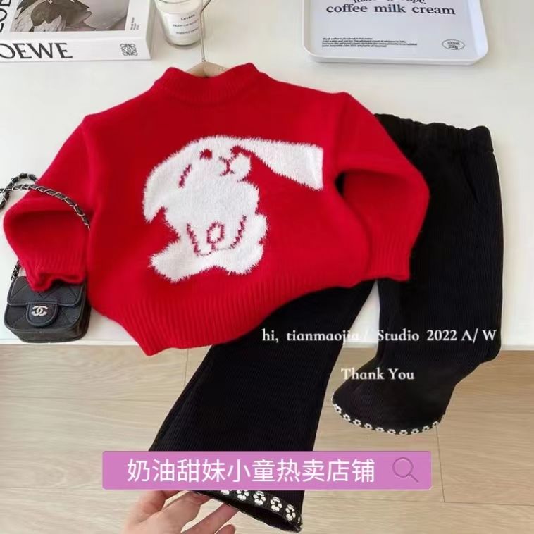 女童秋冬季大紅色卡通兔子兒童毛衣套頭中小童時尚長袖針織毛衫潮