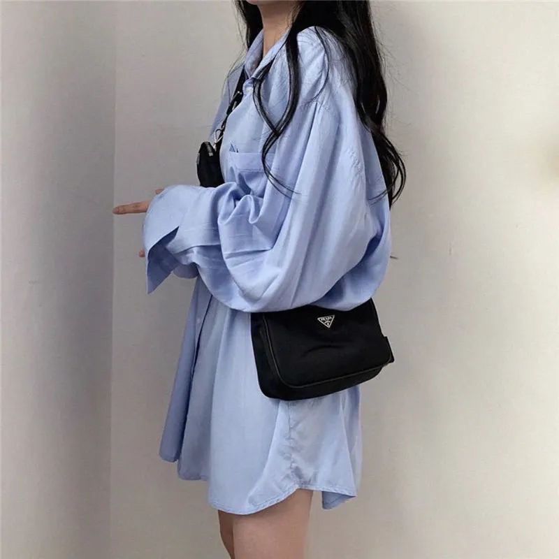 2023新款寬鬆休閒襯衣時尚長袖春秋防曬衣外套慵懶風流行藍色襯衫