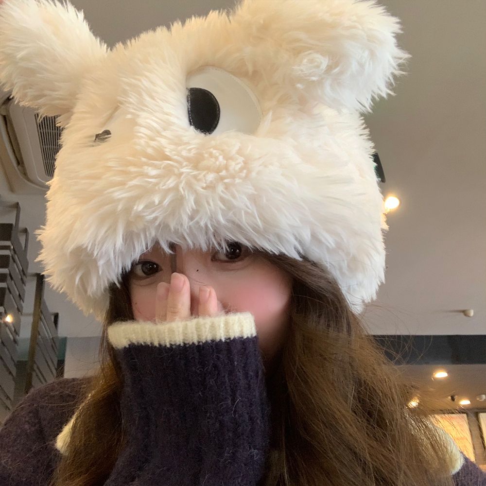 卡通小狗秋冬新款保暖搞怪毛絨帽子女長耳朵大眼睛加厚可愛套頭帽