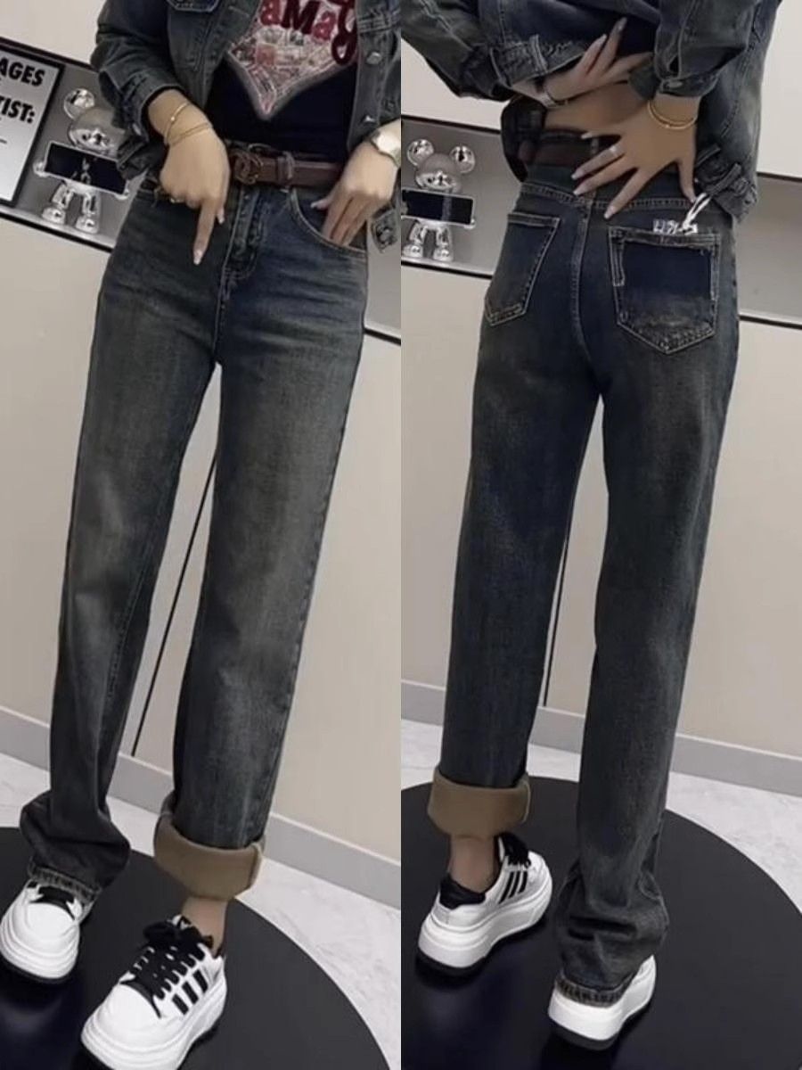 新款窄版復古牛仔拖地褲女2023年秋季大碼胖妹妹mm顯瘦百搭直筒褲