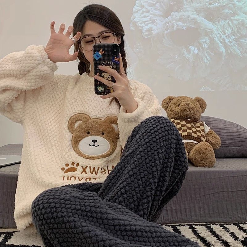 珊瑚絨睡衣女秋冬季加厚加絨學生可愛2023年新款法蘭絨家居服套裝