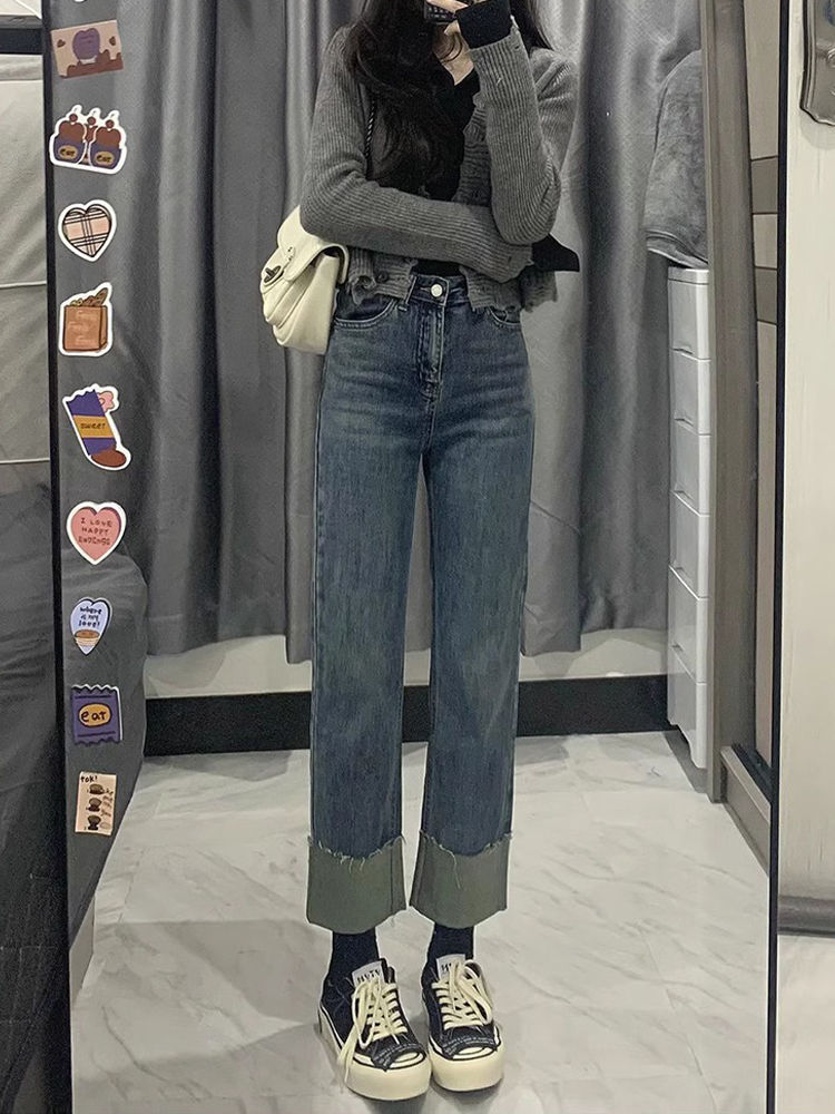 卷邊窄版直筒牛仔褲女秋季新款高腰寬鬆闊腿顯瘦百搭九分煙管褲子