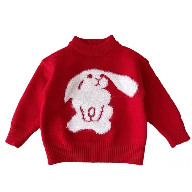 女童秋冬季大红色卡通兔子儿童毛衣套头中小童时尚长袖针织毛衫潮