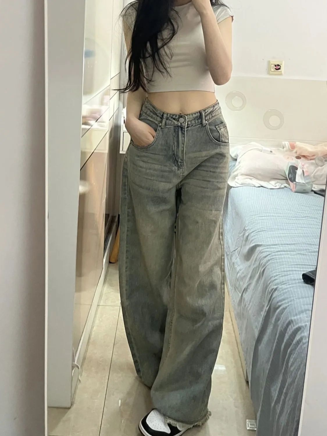 美式復古高街做舊毛邊牛仔褲女秋季高腰顯瘦直筒長褲闊腿拖地褲子