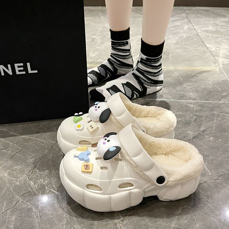 可愛加絨洞洞鞋女2023新款可拆卸外穿厚底增高防滑保暖包頭棉拖鞋