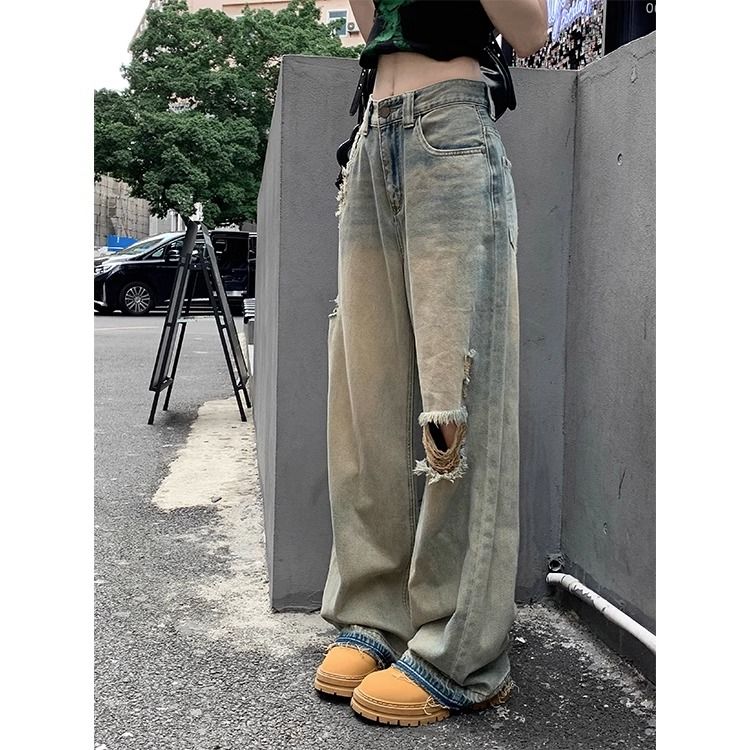 復古破洞毛邊直筒牛仔褲女2023秋季新款高腰寬鬆顯瘦拖地闊腿長褲