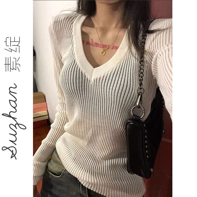 純欲風薄款鏤空設計感純色長袖針織衫女秋季顯瘦百搭防曬罩衫上衣