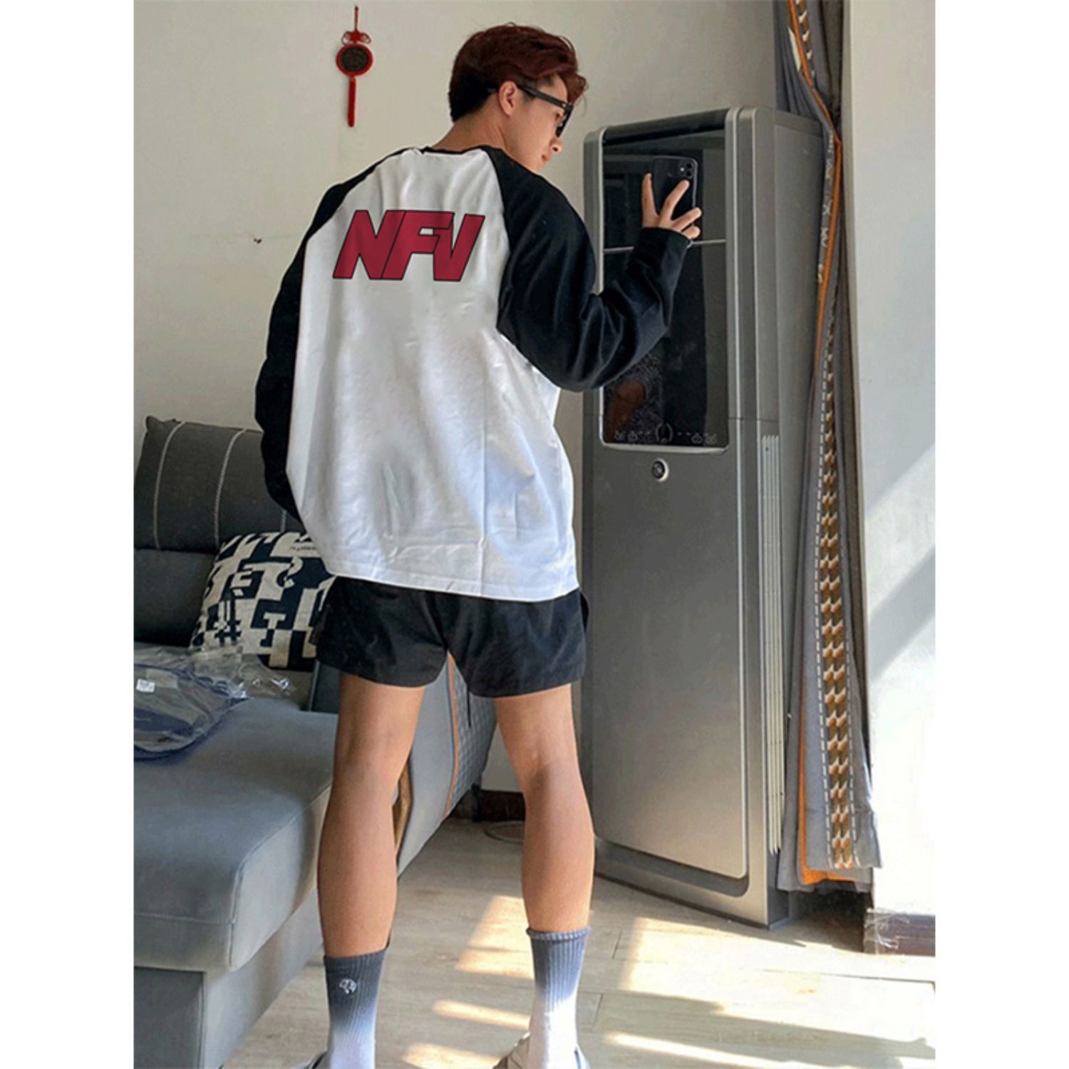 美式vintage字母印花秋季長袖嘻哈t恤男潮牌寬鬆小領口純棉上衣服