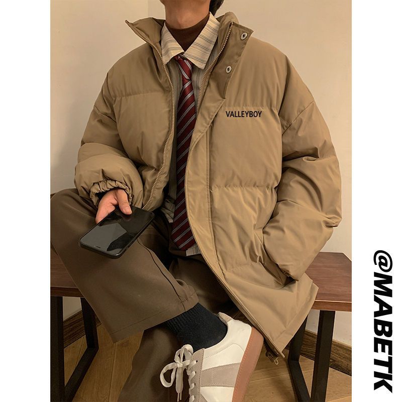 男生冬季羽绒服字母印花男士韩版宽松加厚面包服潮牌oversize外套