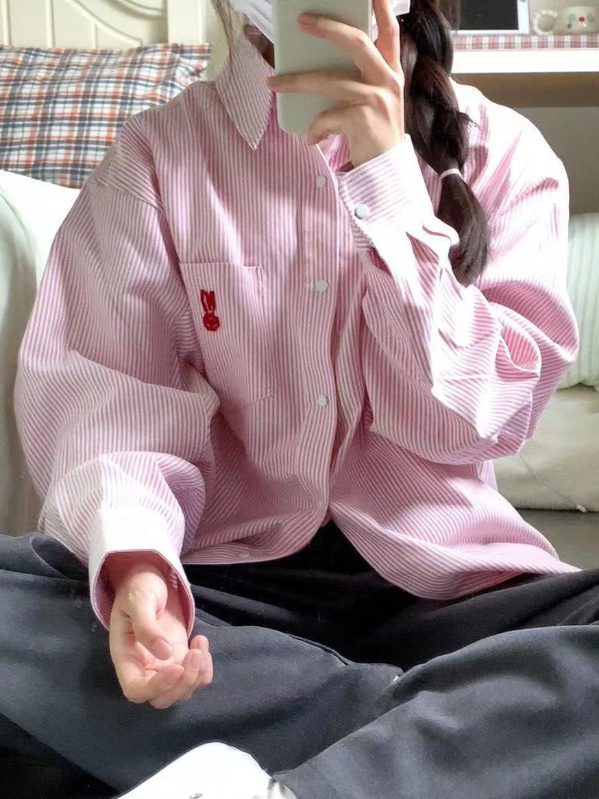 2023新款粉色條紋襯衫外套女寬鬆休閒顯瘦韓系甜美長袖襯衣開衫潮