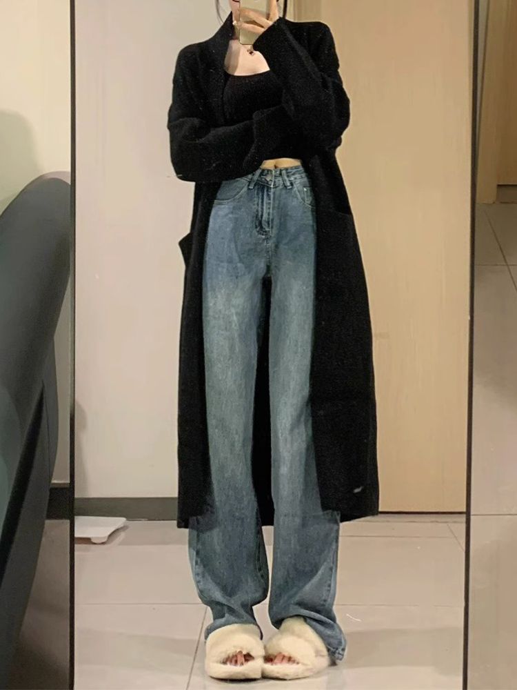水洗復古闊腿牛仔褲女秋季新款高腰寬鬆遮肉顯瘦百搭直筒拖地褲子