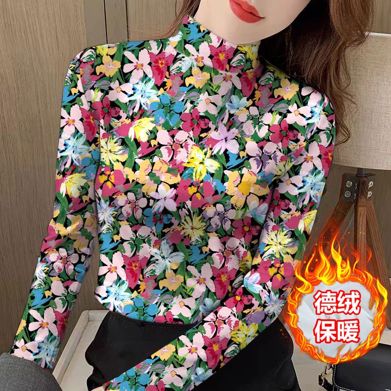 德絨打底衫女士新款秋冬洋氣t恤遮肚爆款加絨加厚半高領外穿上衣
