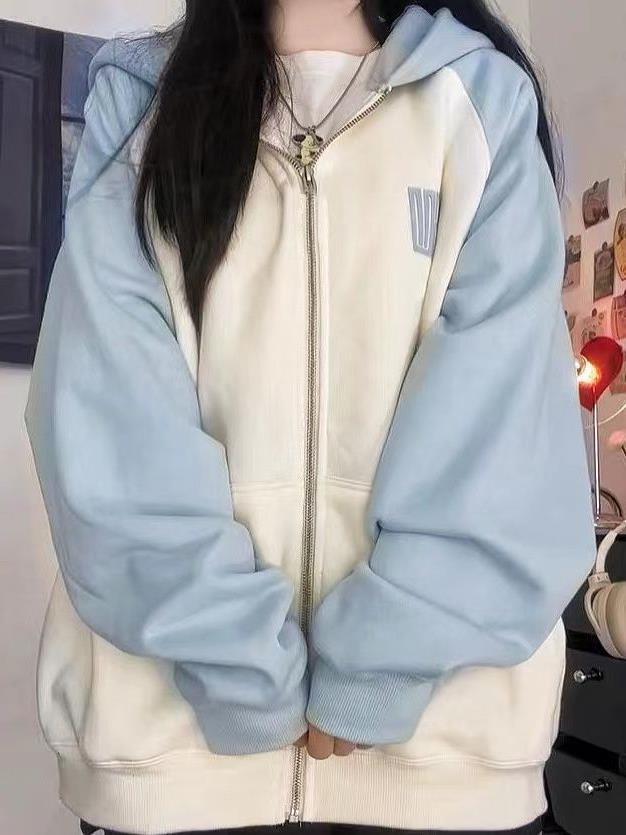 韓系慵懶風淺藍米杏oversize連帽衛衣外穿女寬鬆休閒顯瘦長袖上衣
