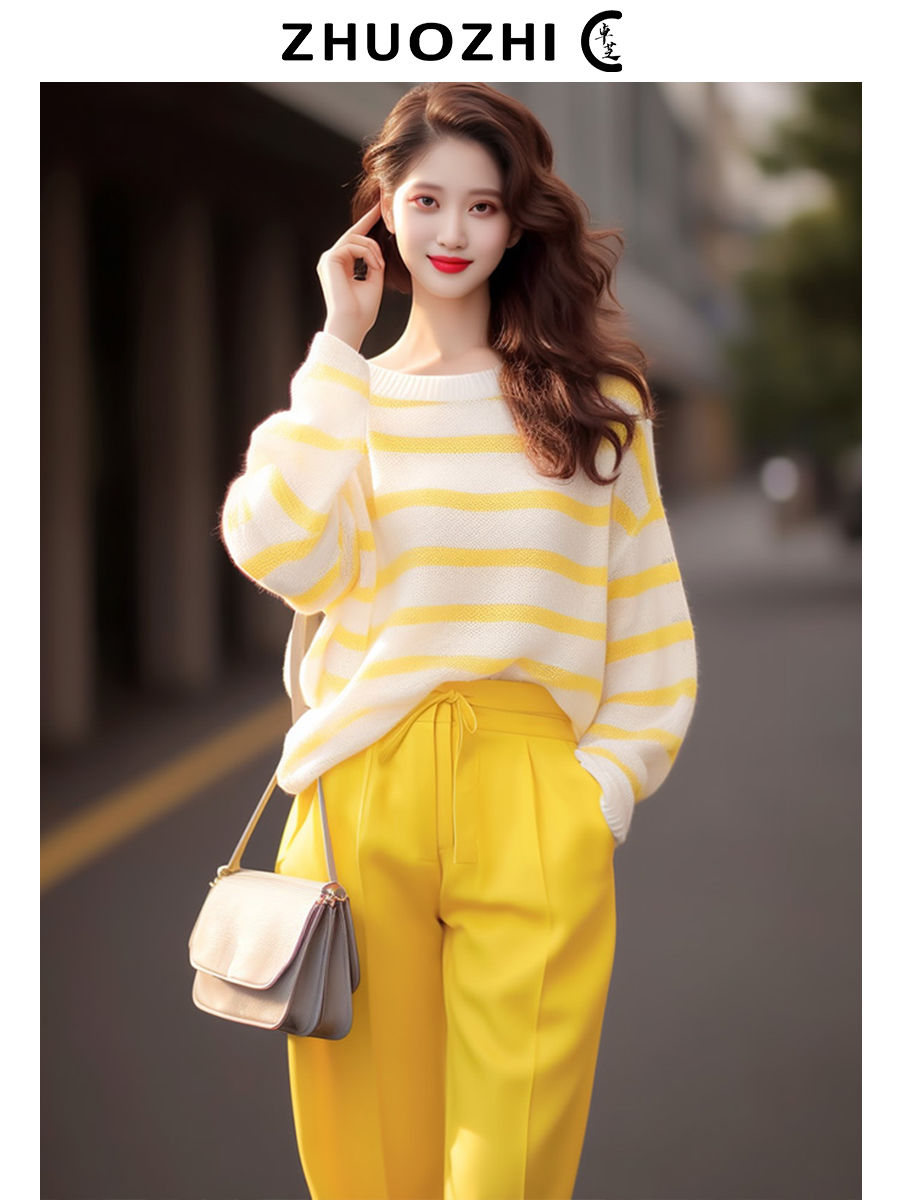 卓芝法式休閒條紋慵懶毛衣女2023秋季新款簡約寬鬆顯瘦百搭上衣女