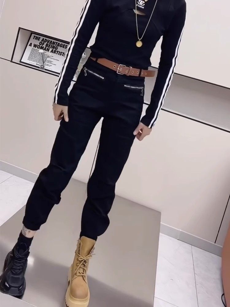 大碼高腰黑色工裝褲女秋季款胖妹妹mm寬鬆顯瘦哈倫褲束腳牛仔褲
