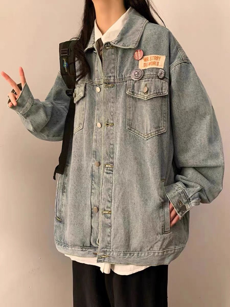 Plus size fat girl American retro denim jacket women's spring and autumn loose design badge couple work jacket