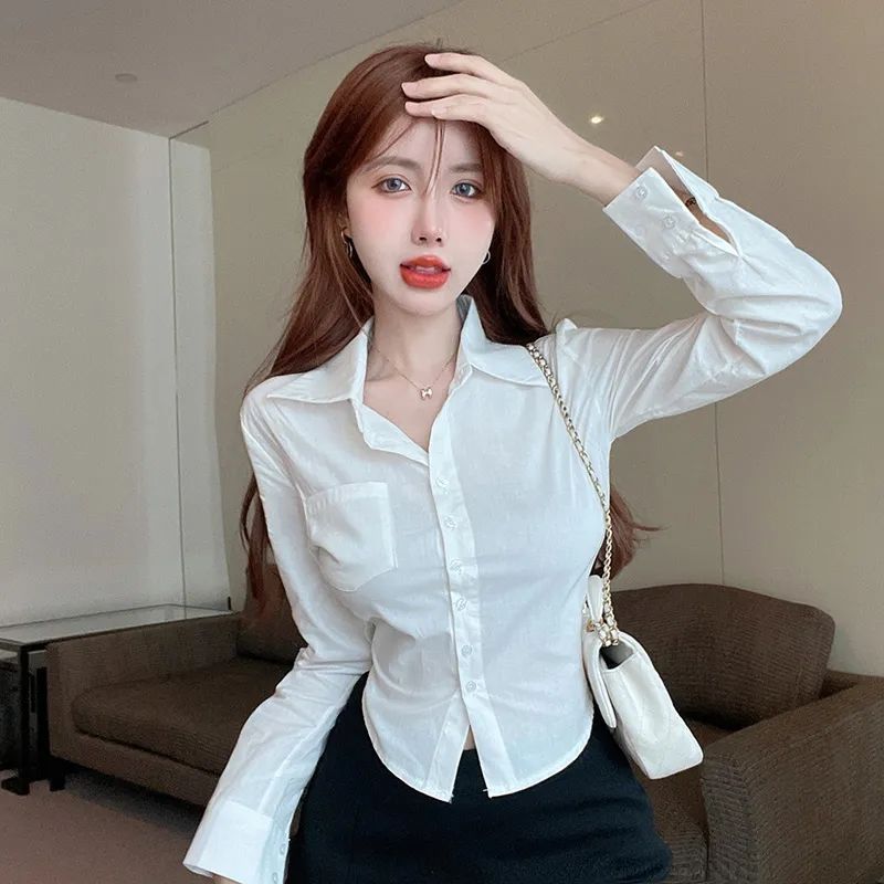 設計感POLO領修身顯瘦不規則襯衣2023秋季新款法式氣質上衣女裝