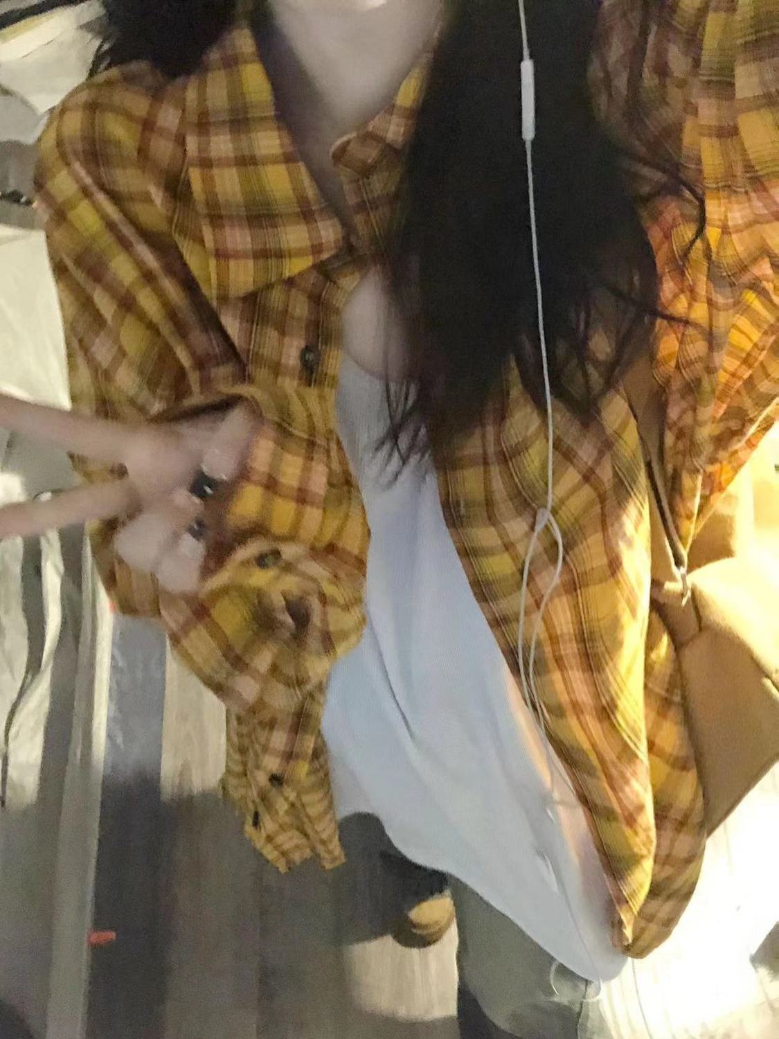 2023春秋款復古chic黃格子襯衫外套女oversize寬鬆慵懶風襯衣開衫