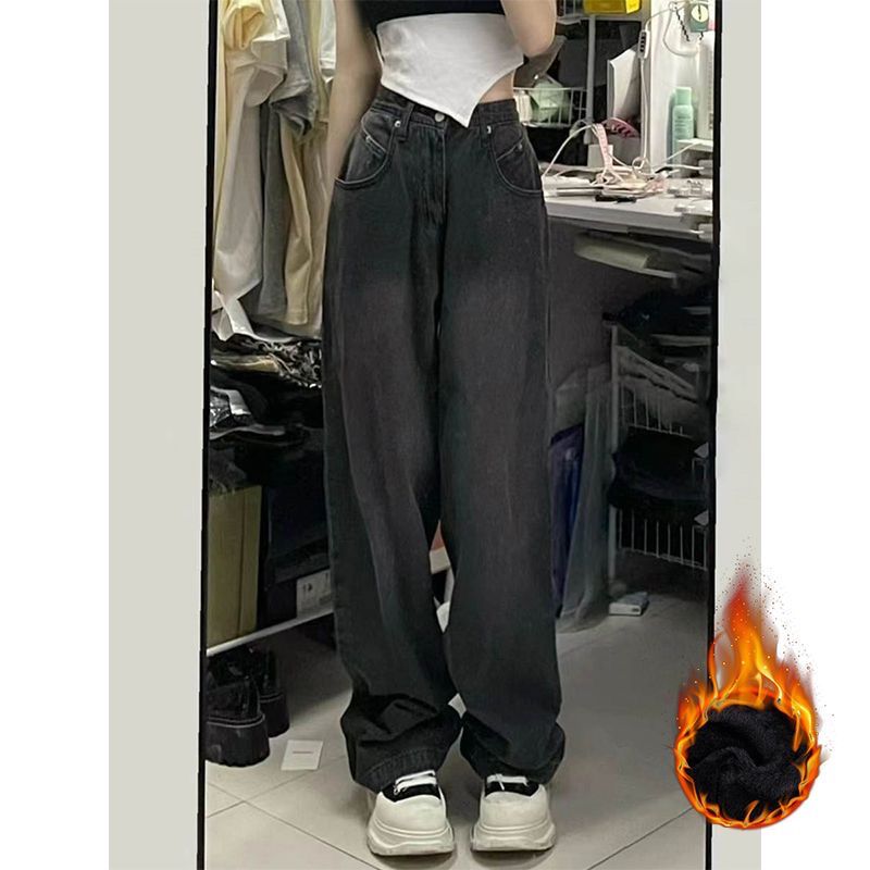 黑灰色直筒牛仔褲女秋冬加絨加厚大碼胖mm寬鬆顯瘦梨型身材闊腿褲