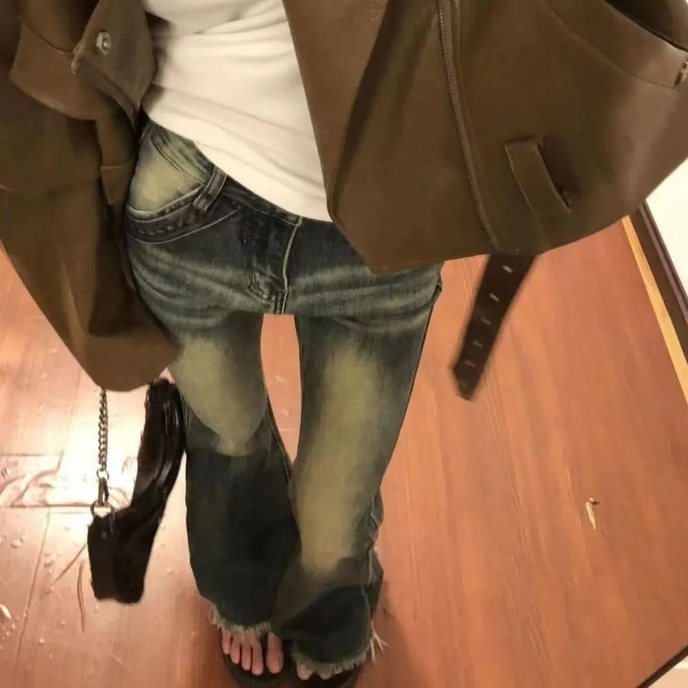 美式復古水洗高腰微喇叭牛仔褲女秋季新款修身顯瘦彈力毛邊拖地褲