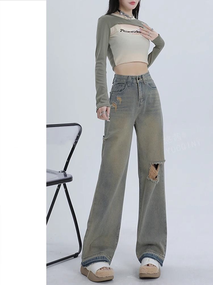 復古毛邊破洞直筒牛仔褲女2023秋季新款高腰顯瘦寬鬆垂感闊腿長褲