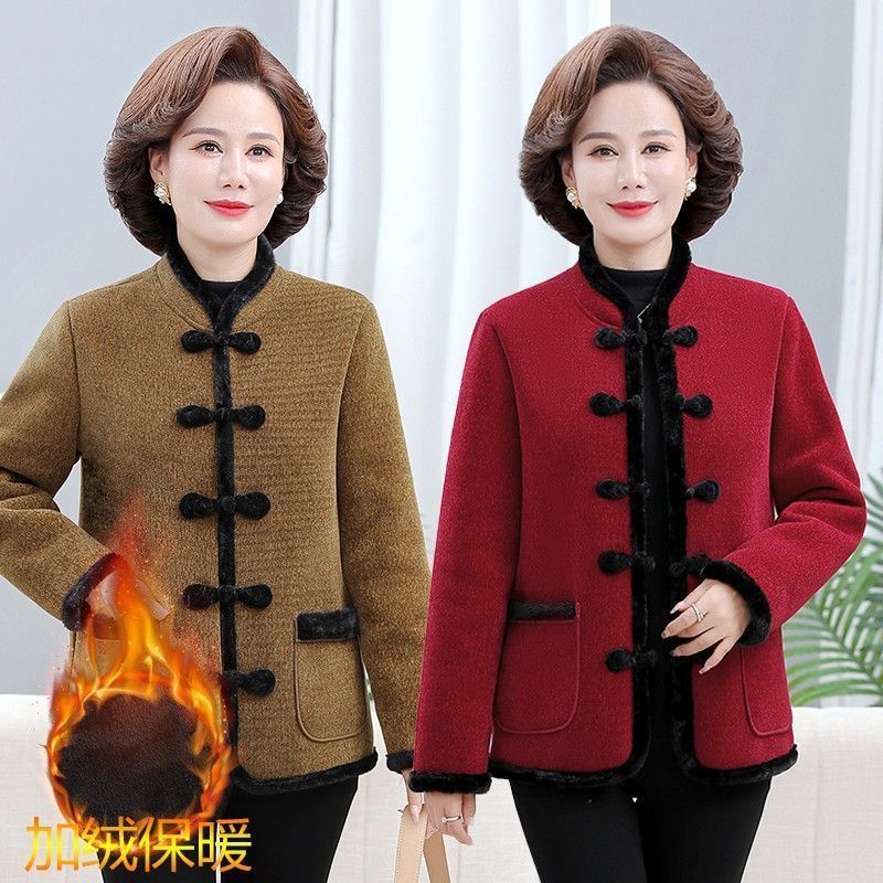 高檔媽媽裝冬季新款加絨保暖棉衣外套中老年女復古棉服加厚小棉襖