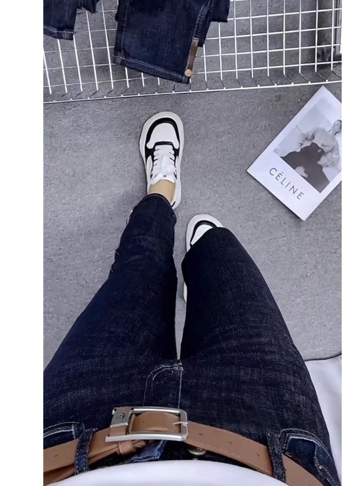 梨形身材直筒牛仔褲女2023年秋季新款高腰顯瘦彈力修身九分煙管褲