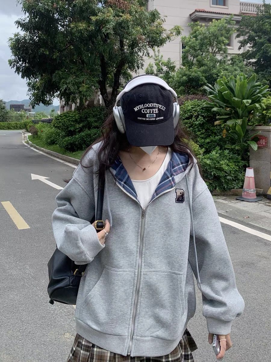 荒荒家格子拼接連帽衛衣女2023秋季韓系寬鬆休閒顯瘦長袖開衫外套