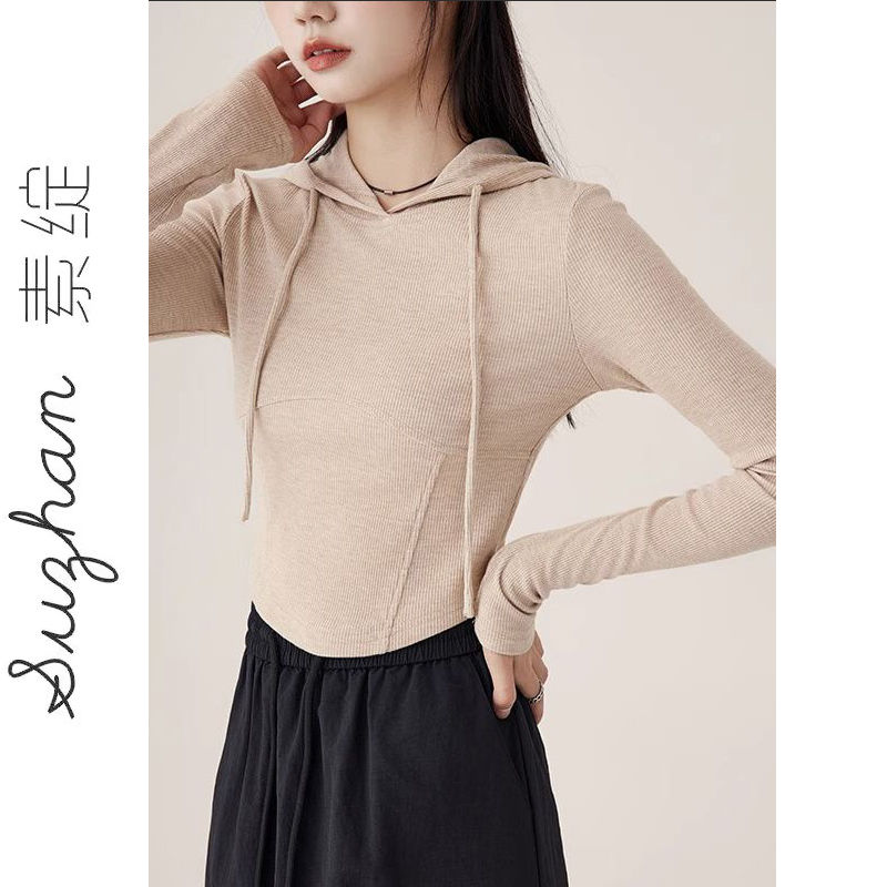 甜辣妹時髦正肩短款連帽上衣t恤女法式小個子內搭修身顯瘦長袖ins