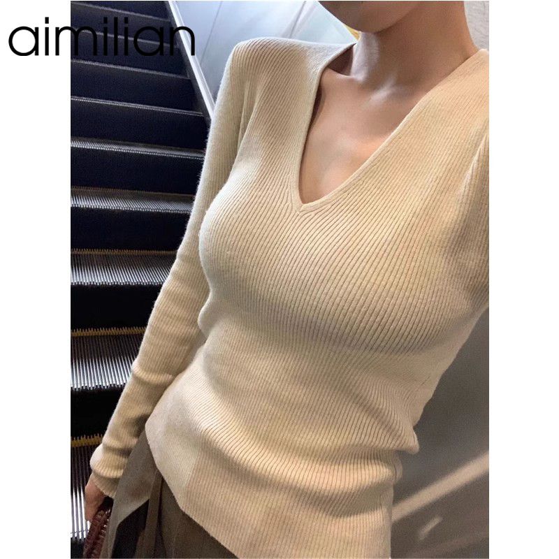 aimilian純欲風辣妹V領針織衫毛衣女春秋修身顯瘦內搭打底衫上衣