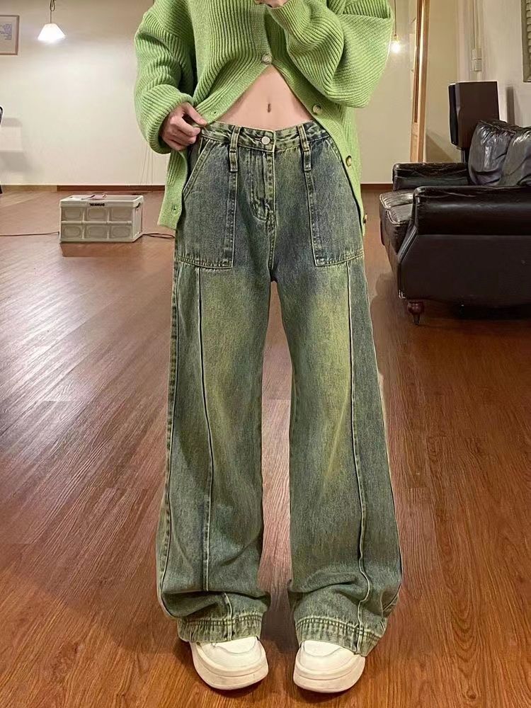 美式復古闊腿牛仔褲女秋季新款高街設計感寬鬆顯瘦高腰直筒拖地褲