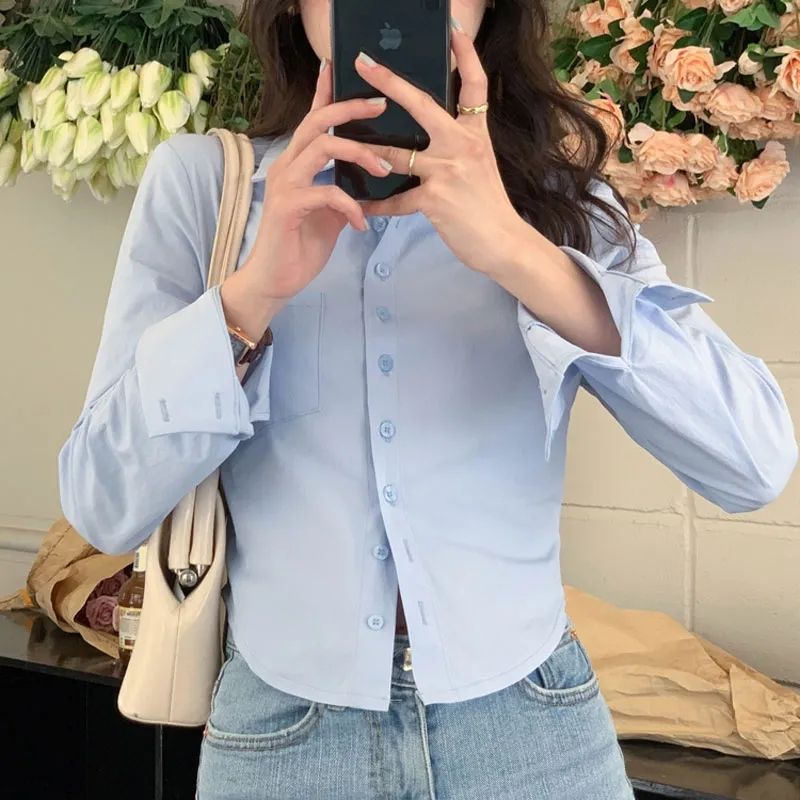 奶藍色襯衫女小個子高級感別致漂亮短款baby藍疊穿上衣小眾設計感