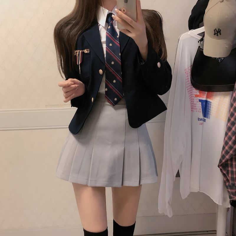 套裝女2023新款學院風韓國製服短款西裝外套襯衫高腰百褶半身裙