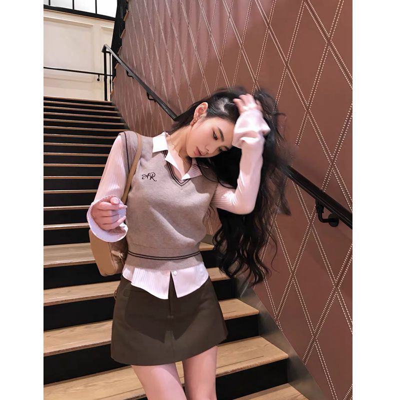 三件套裝/單件學院風V領短款針織毛衣馬甲女+粉色條紋襯衫+半身裙