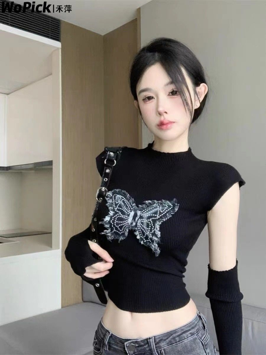 設計感蝴蝶時尚袖套針織衫女裝秋裝美式修身顯瘦毛衣內搭長袖上衣
