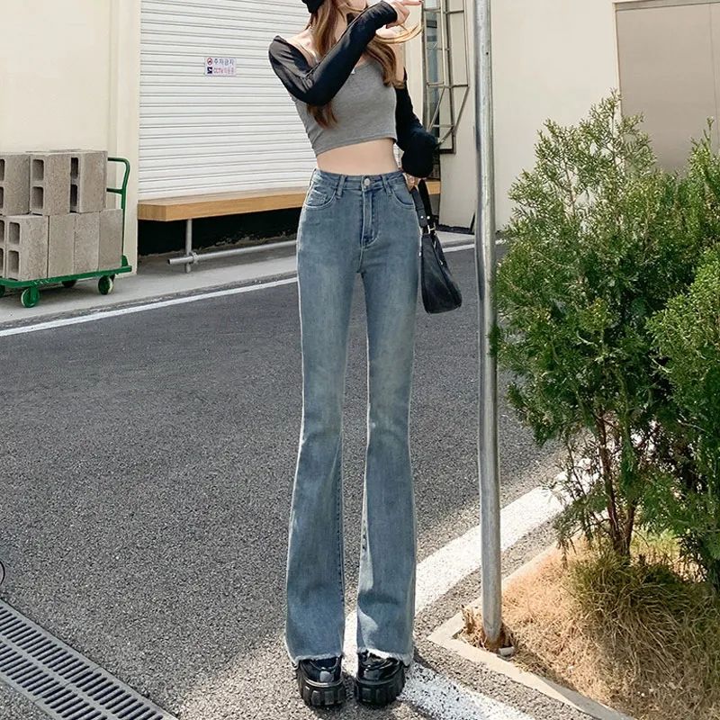 牛仔微喇褲女時尚復古高腰高個子馬蹄褲修身彈力小眾毛邊喇叭長褲
