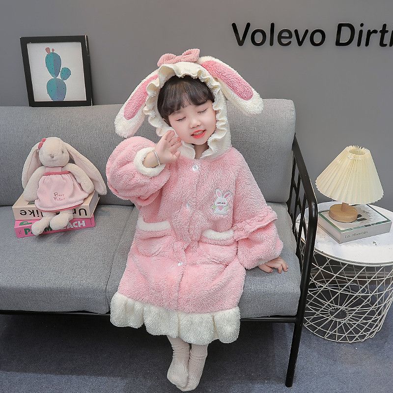 Girls one-piece pajamas autumn and winter flannel thickened coral velvet children's home clothes baby nightgown girl's nightgown