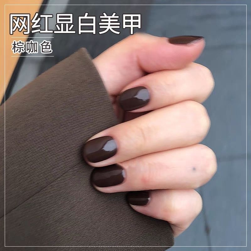 秋冬美拉德咖啡棕巧克力色顯白短款美甲貼片手工穿戴甲純色指甲貼