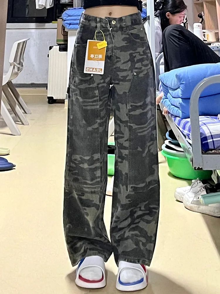 迷彩工裝牛仔褲女秋季新款美式高街辣妹高腰顯瘦百搭直筒拖地褲子