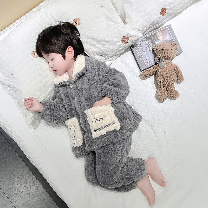 男童睡衣秋冬季珊瑚绒加绒款套装儿童男孩法兰绒小宝宝开衫家居服