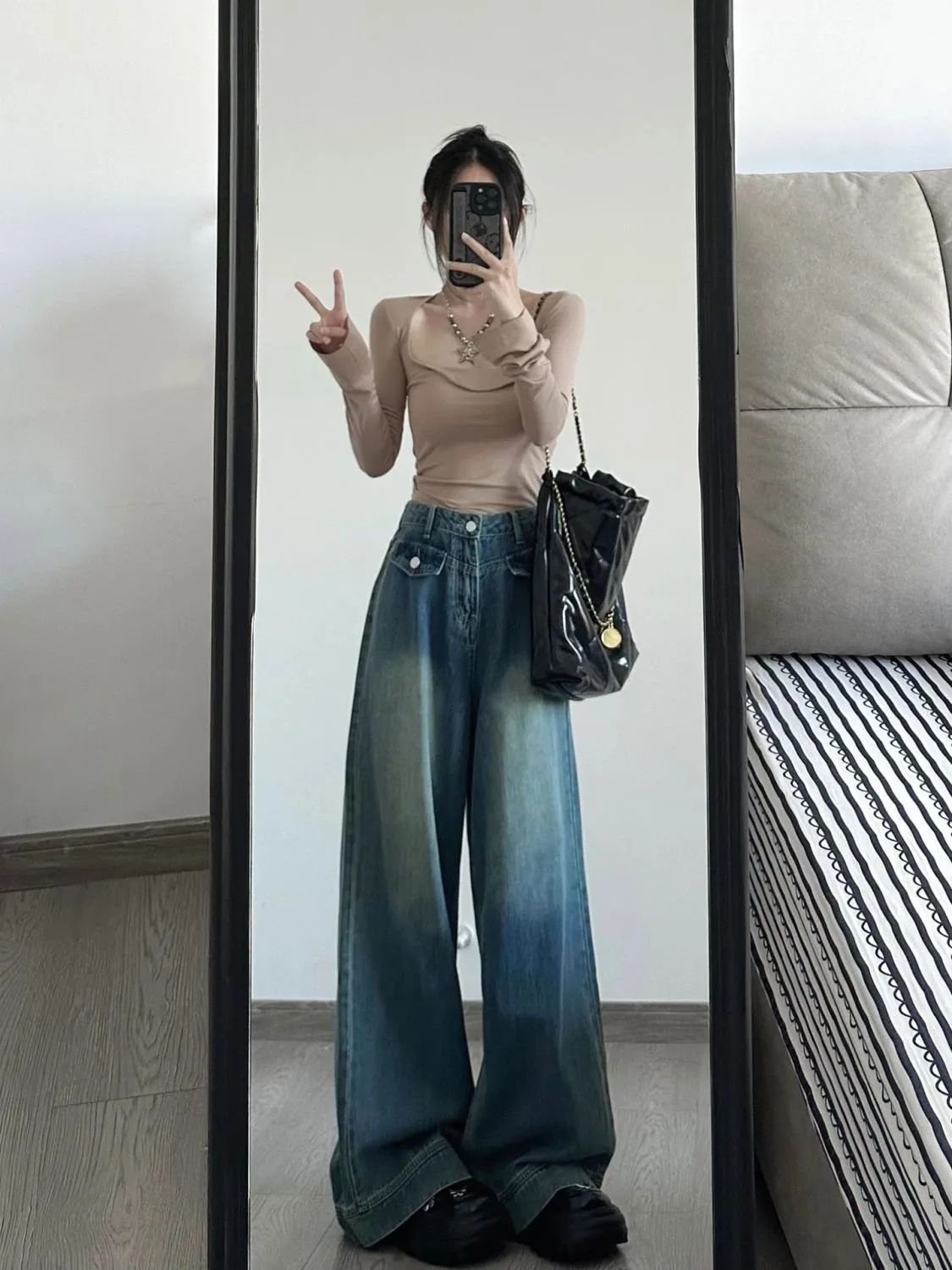 復古闊腿牛仔褲女秋冬百搭新款高腰寬鬆美式高街直筒拖地褲子ins